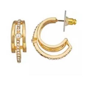 Nine West Gold Tone Rhinestone Pave Post Hoop Earrings. EUC, Smoke-Free Home